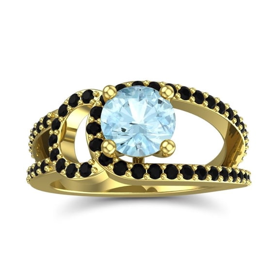 2.50 Carat Fine Round Cut Aquamarine & Black Onyx Gemstone Bridal Ring for Women Solid 18K Yellow Gold Size 7 by Diamond-Capitals