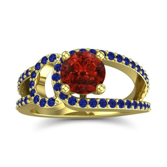 2.50 Carat Latest Round Cut Garnet & Blue Sapphire Gemstone Anniversary Ring for Women Solid 14K Yellow Gold Size 7 by Diamond-Capitals