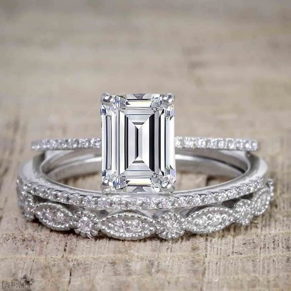 2.50 Carat Moissanite Diamond Trio Bridal Ring Set in Emerald cut with 18k Gold Plating