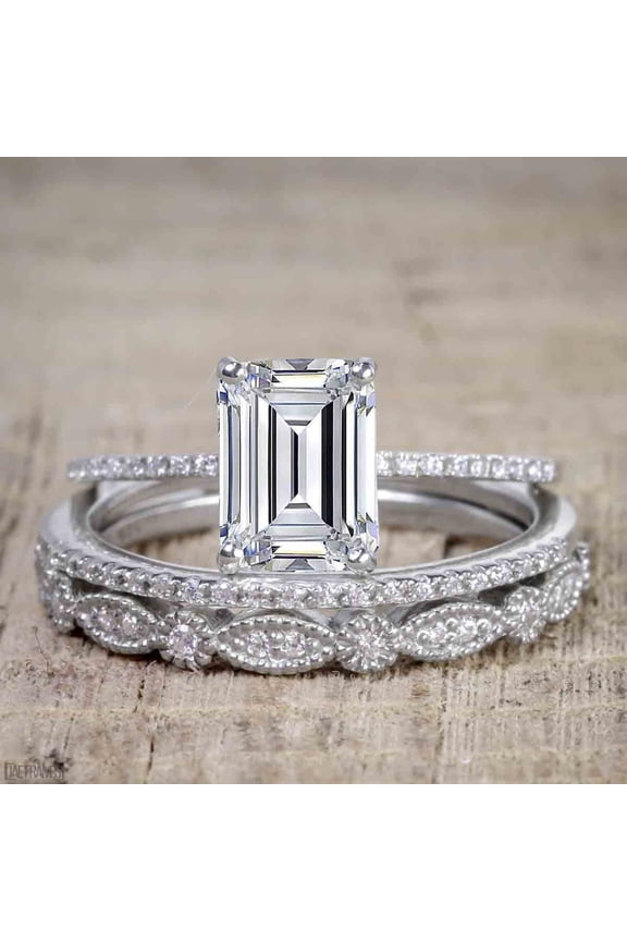 2.50 Carat Moissanite Diamond Trio Bridal Ring Set in Emerald cut with 18k Gold Plating