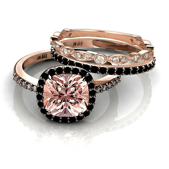 2.50 Carat Morganite And Black Diamond Moissanite Halo Trio Ring Set 925 Sterling Silver With 18k Rose Gold Plating