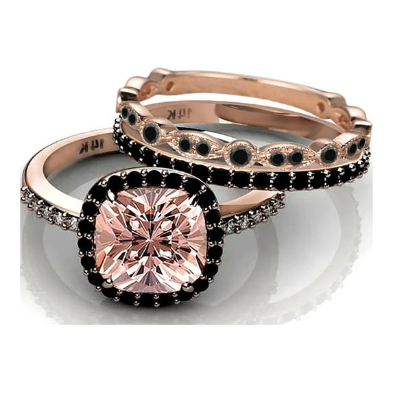 2.50 Carat Morganite And Black Diamond Moissanite Halo Trio Ring Set 925 Sterling Silver With 18k Rose Gold Plating