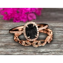 2.50 Carat Oval Cut Black Diamond Moissanite Engagement Ring Set Floral leaf diamond wedding band Bridal Ring Set 10k Rose Gold Halo Design