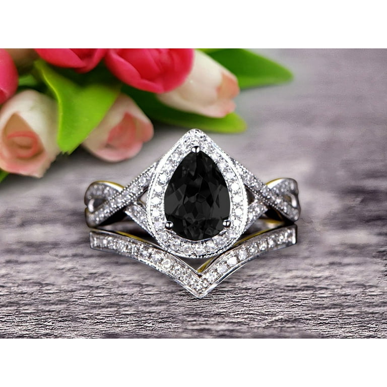 Carat Pear Shape Teardrop Black Diamond Moissanite Bridal Set