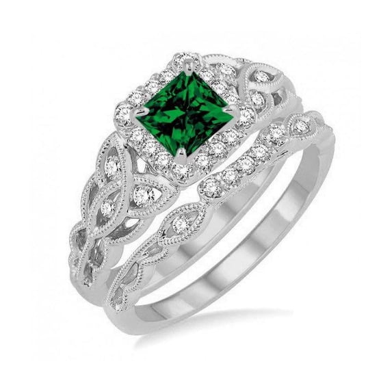 2.50 Carat Princess Cut Green Emerald And Diamond Moissanite Halo Bridal Ring Set In 14K White Gold Affordable Engagement Ring, Promise Ring, Anniversary Ring