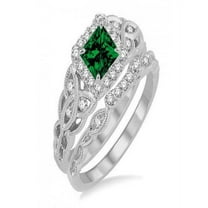2.50 Carat Princess cut Emerald and Diamond Halo Bridal Ring Set in 14k White Gold affordable emerald & diamond engagement ring