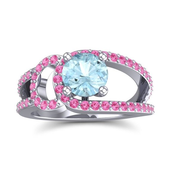 2.50 Carat Round Cut Aquamarine & Pink Sapphire Gemstone Classic Bridal Ring for Women 18K White Gold Size 8.5 by Diamond-Capitals