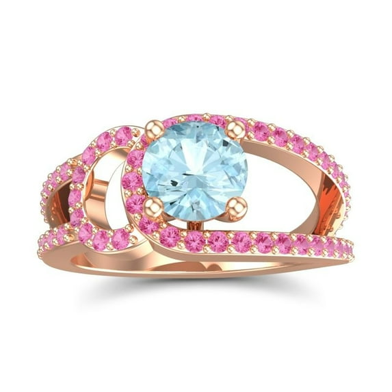 2.50 Carat Round Cut Aquamarine & Pink Sapphire Gemstone Unique Bridal Ring for Ladies Solid 18K Rose Gold Size 5 by Diamond-Capitals