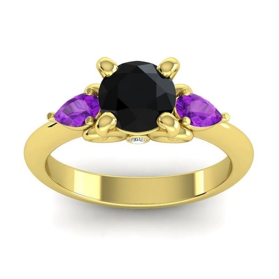 2.50 Carat Round Cut Black Onyx & Amethyst Gemstone Beautiful 3-Stone Ring for Women Solid 14K Yellow Gold Size 11.5 by Diamond-Capitals
