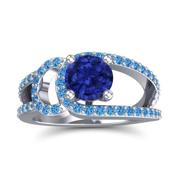 2.50 Carat Round Cut Blue Sapphire & Blue Topaz Gemstone Unique Wedding Ring for Women Solid 18K White Gold Size 5 by Diamond-Capitals