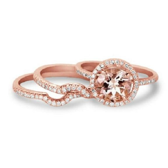 JeenMata 1.50 Carat Round Cut Created Morganite and Moissanite Halo Trio Wedding Ring Set 18K Rose Gold over Silver