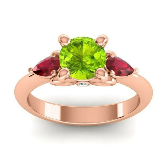 2.50 Carat Round Shape Peridot & Red Ruby Gemstone Unique 3 Stone Ring for Engagement Solid 14K Rose Gold Size 10.5 by Diamond-Capitals