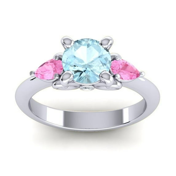 2.50 Carat Unique Round Shape Aquamarine & Pink Sapphire Gemstone Three Stone Engagement Ring for Fiancee 14K White Gold Size 8 by Diamond-Capitals