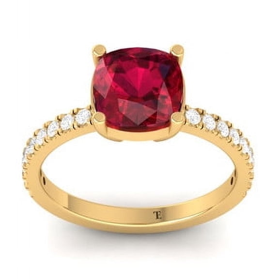 2.50 Ct Cushion Cut Red Ruby & Moissanite Engagement Ring for Women, 14K Yellow Gold Plated