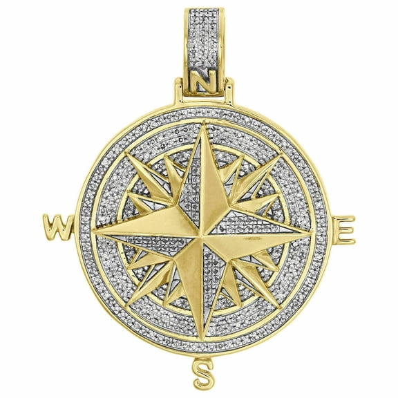 2.50 Ct Diamond Compass Pendant Medallion Charm 1.65" Charm 10K Yellow Gold Plated