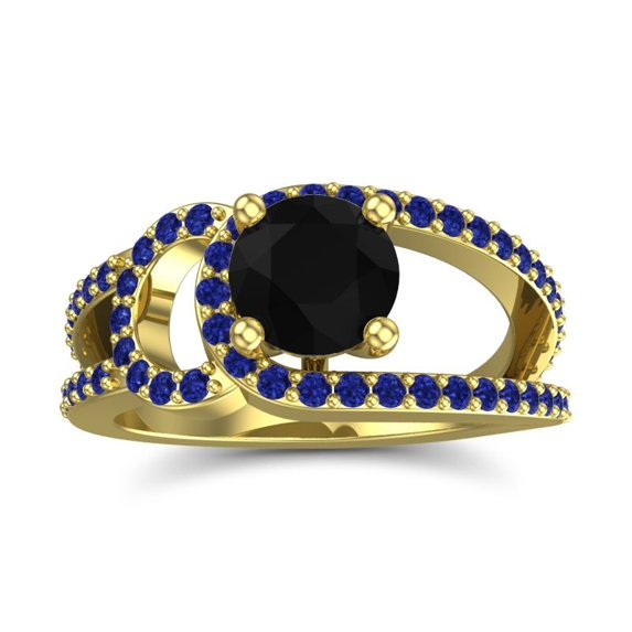 2.50 Ct Latest Round Shape Black Onyx & Blue Sapphire Gemstone Anniversary Ring for Women Solid 18K Yellow Gold Size 3.5 by Diamond-Capitals