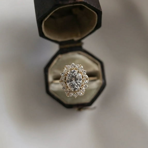 2.50 Ct Oval Cut Lab Created Diamond Halo Engagement Ring 14K Yellow Gold Plated Sterling Silver