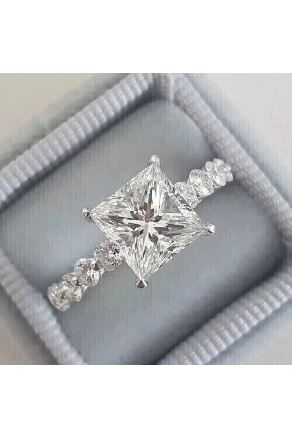 2.50 Ct Princess Cut Lab Created Diamond Engagement Ring 14k White Gold Plated Sterling Silver
