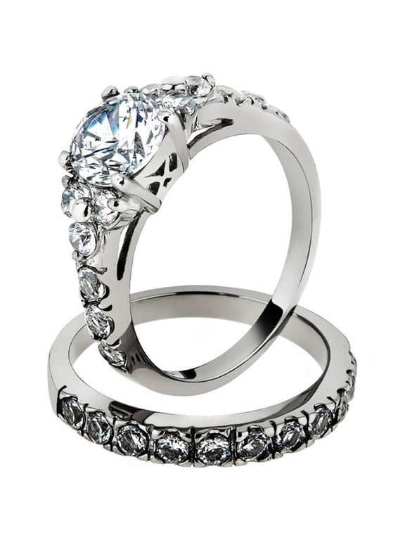2.50 Ct Round Cut Zirconia Silver Stainless Steel Wedding Ring Set Women's Size 10