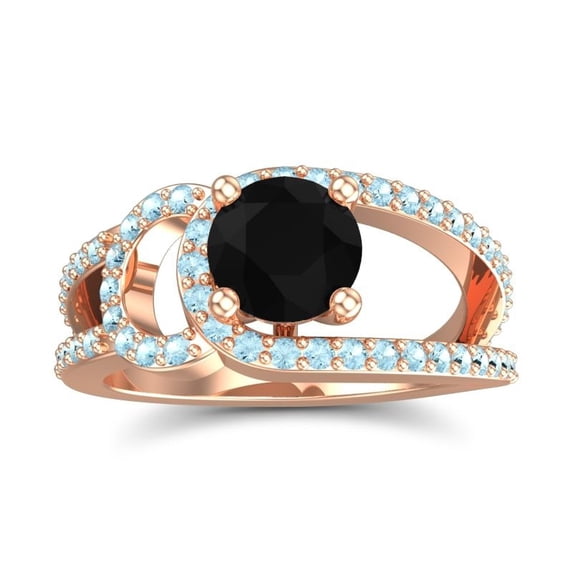 2.50 Ct Round Shape Black Onyx & Aquamarine Gemstone Elegant Bridal Ring for Ladies Solid 14K Rose Gold Size 6.5 by Diamond-Capitals