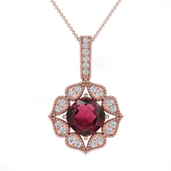 2.50 Ct Round Shaped Ruby Gemstone and Genuine Diamond Unique Elegant Floral Design Necklace for Ladies Solid 18K Rose Gold With 18 inches Chain