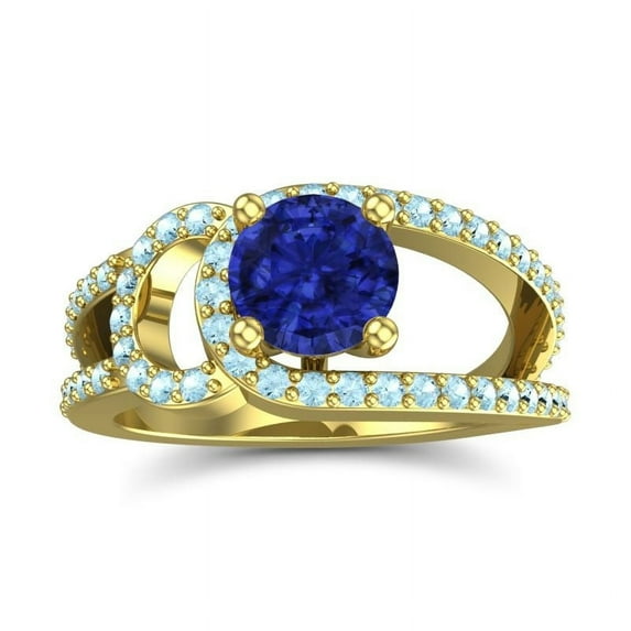 2.50 T.C.W Round Cut Blue Sapphire & Aquamarine Gemstone Beautiful Wedding Ring for Ladies Solid 18K Yellow Gold Size 9 by Diamond-Capitals