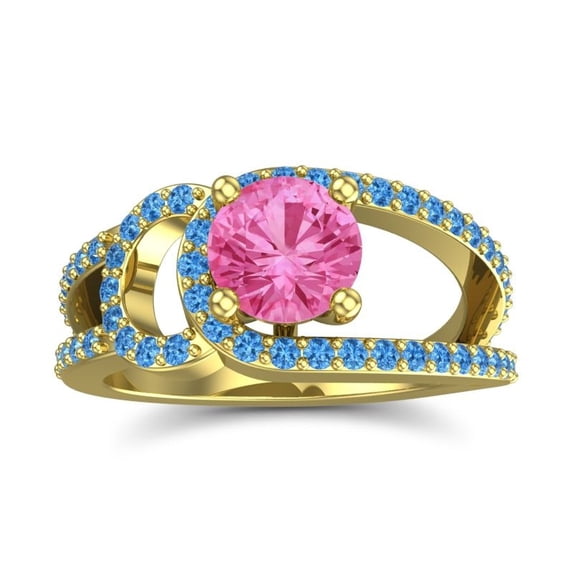 2.50 T.C.W Round Cut Pink Sapphire & Blue Topaz Gemstone Beautiful Wedding Ring for Ladies Solid 18K Yellow Gold Size 9 by Diamond-Capitals