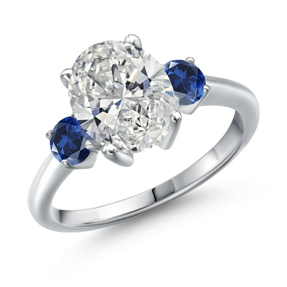 2.50 cttw IGI Certified Lab Grown Diamond and Blue Created Sapphire 3-Stone Engagement Ring for Women | 925 Sterling Silver | Center 2.00 Ct Diamond | E-F Color | VS1-VS2 Clarity | Size 8