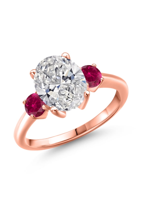 2.50 cttw IGI Certified Lab Grown Diamond and Red Created Ruby 3-Stone Engagement Ring for Women | 18K Rose Gold Plated Silver | Center 2.00 Ct Diamond | E-F Color | VS1-VS2 Clarity | Size 6