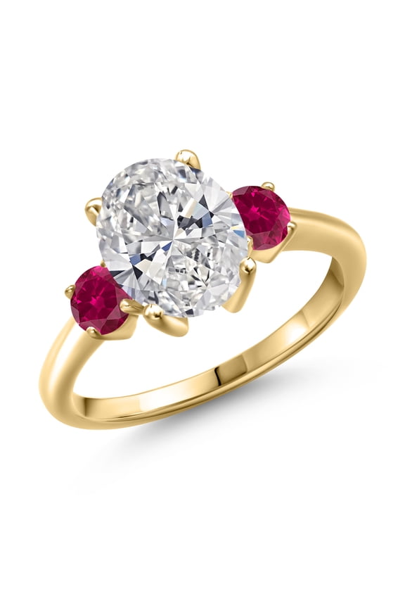 2.50 cttw IGI Certified Lab Grown Diamond and Red Created Ruby 3-Stone Engagement Ring for Women | 18K Yellow Gold Plated Silver | Center 2.00 Ct Diamond | E-F Color | VS1-VS2 Clarity | Size 6