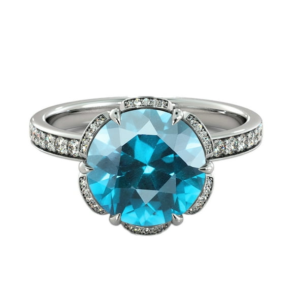 2.50 ctw Blue Topaz Ring with Diamonds 14K White Gold Flower Vintage Halo