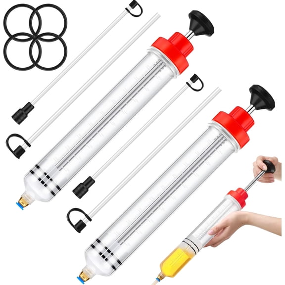 2  500cc Automotive Fluid  Pump Oil  Hand  Pump with Hose Manual Suction Vacuum   Transfer for Power Steering, Hydraulic Fluid(Red)