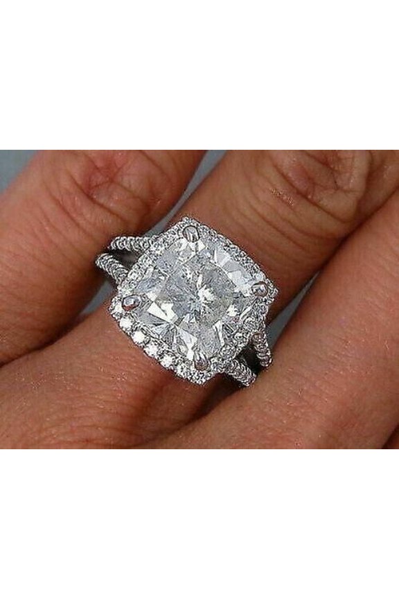 2.50CT Cushion Cut Simulated Diamond Halo Split Shank Women's Ring 14K White Gold Plated Sterling Silver