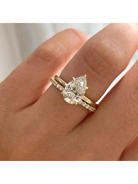 2.50CT Pear Cut Simulated Diamond Solitaire Engagement Ring Set 14K Yellow Gold Plated Matching Pave Wedding Band Bridal Set for Women
