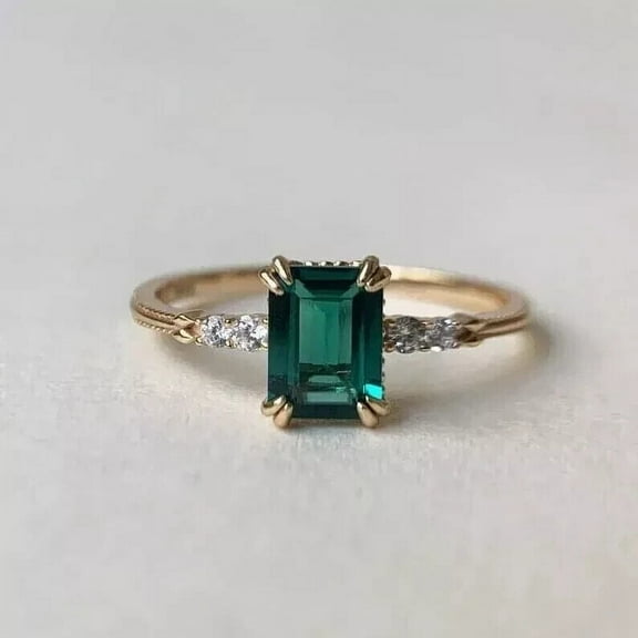 2.50Ct Emerald Cut Lab-Created Green Emerald Engagement Ring 14K Yellow Gold Plated