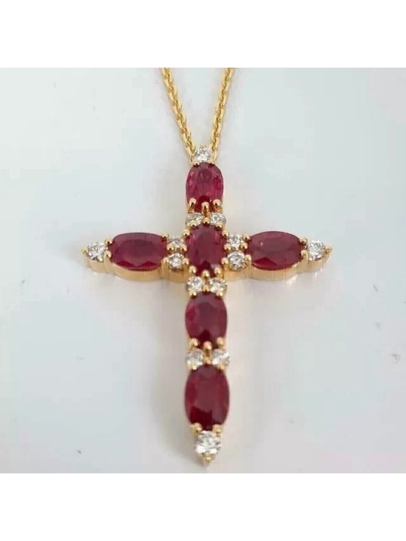 2.50Ct Lab Created Oval Cut Pink Ruby Women's Cross Pendant 14K Yellow Gold Finish