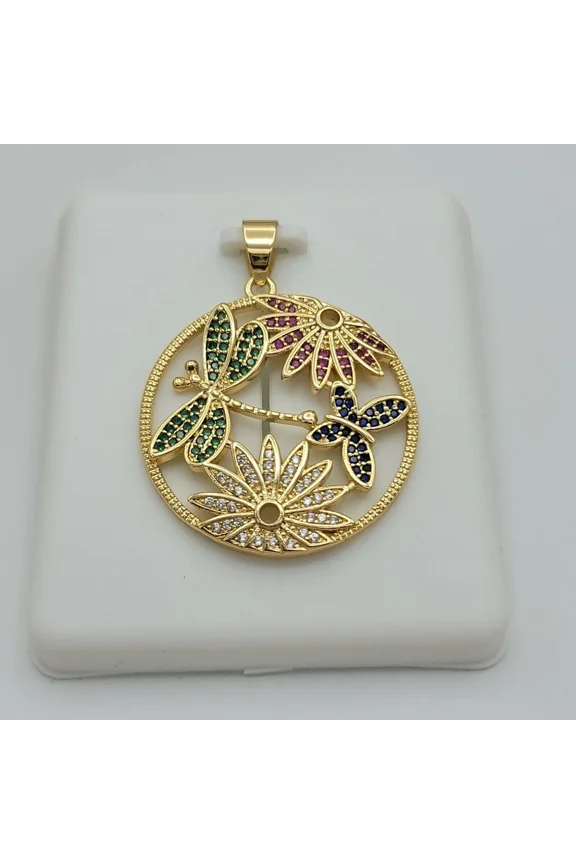 2.50Ct Multi-Color Simulated Diamond Dragonfly & Flower Pendant 14K Yellow Gold Plated