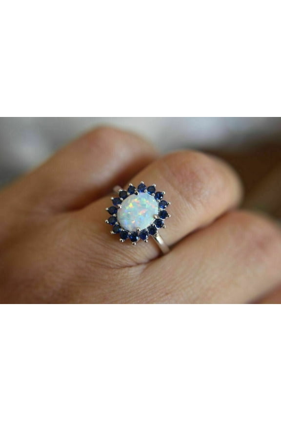 2.50Ct Oval Cut Lab Creatd Opal Halo Engagement Women's Ring 14K White Gold Plated Silver