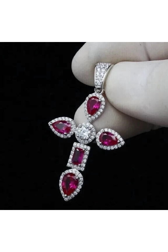 2.50Ct Pear Cut Red Ruby Elegant Cross Pendant 14k White Gold Finish