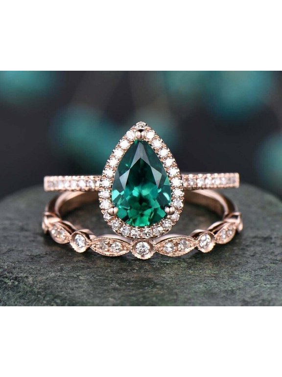 2.50Ct Pear Cut Simulated Green Emerald Wedding Bridal Ring Set 14k Rose Gold Plated – Ring Size 10