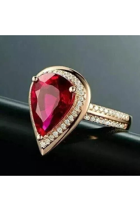 2.50Ct Pear Cut Simulated Red Ruby Women's Halo Engagement Gift Ring 14K Rose Gold Plated