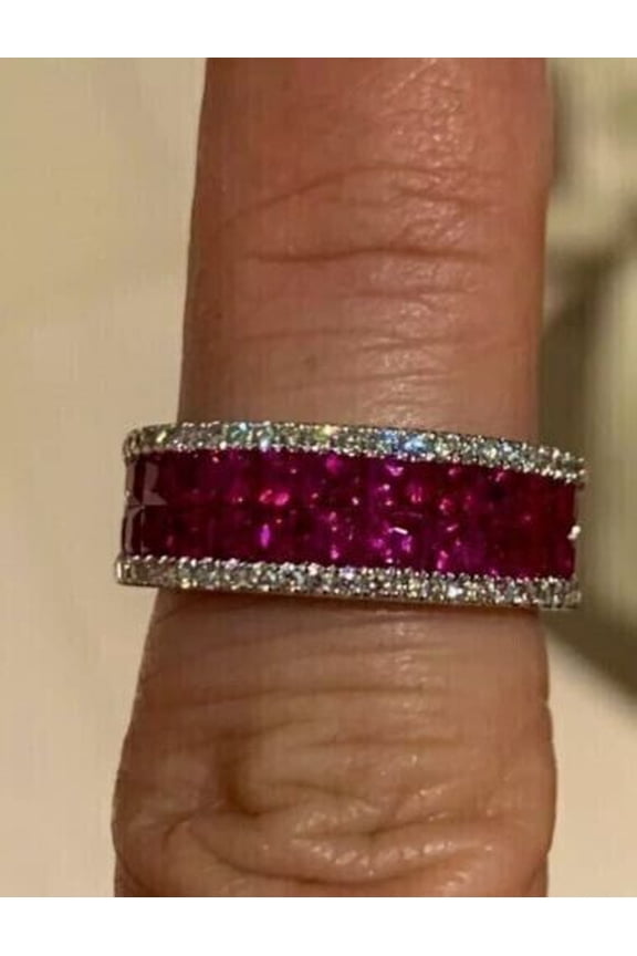 2.50Ct Princess Cut Lab-Created Red Ruby Eternity Wedding Band Ring 14K White Gold Plated