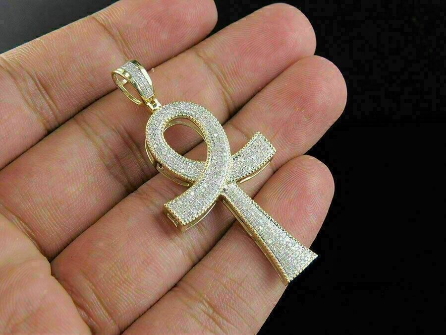 SAJEWELS 2.50Ct Round Cut VVS1/D Diamond Ankh Cross Unisex Pendant 14K Yellow Gold Finish