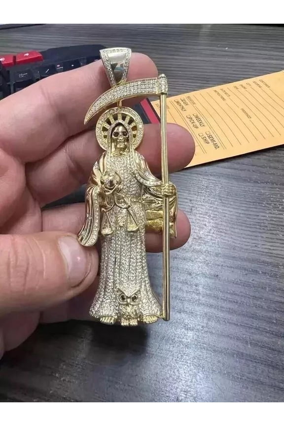 2.50Ct Round Real Moissanite Men's Santa Muerte Pendant 14K Yellow Gold Plated