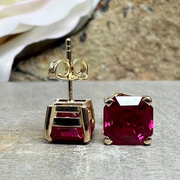 2Ct Asscher Cut Simulated Red Ruby Stud Earrings 14K Yellow Gold Plated