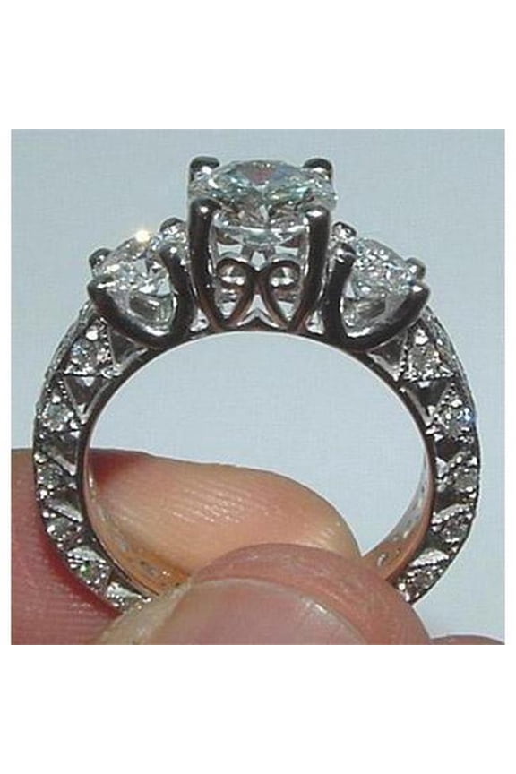 2.51 CT Filigree Antique Style 3 Stone Diamond Engagement Ring, Size 6.5