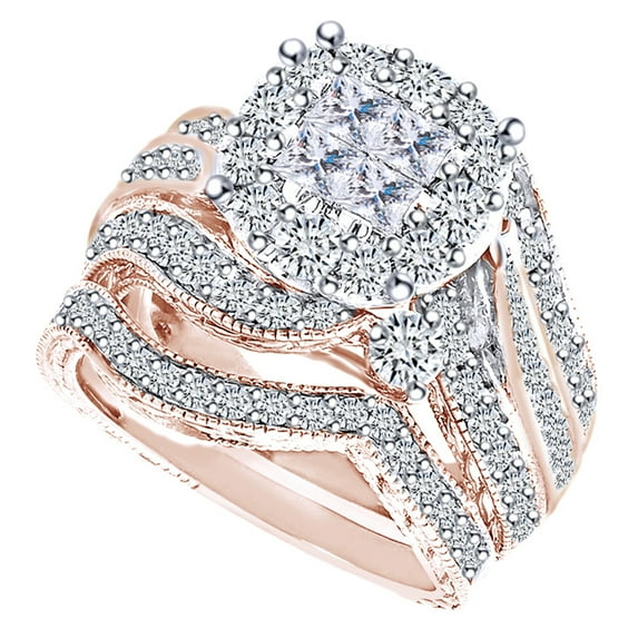 AFFY 2.51 Ctw Princess & Round White Natural Diamond Halo Engagement Wedding Ring Set In 14k Solid Rose Gold