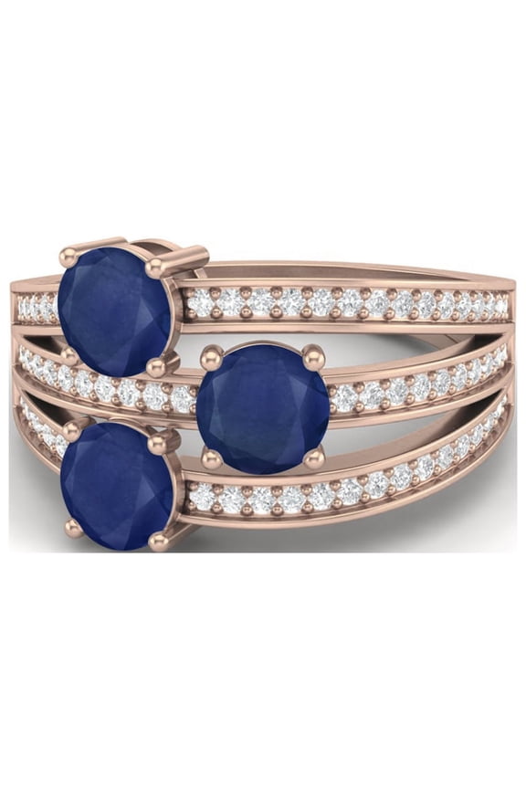 2.52 Carat Round Blue Sapphire 925 Sterling Silver Rose Vermeil Three Stone Valentines Day Gifts Ring