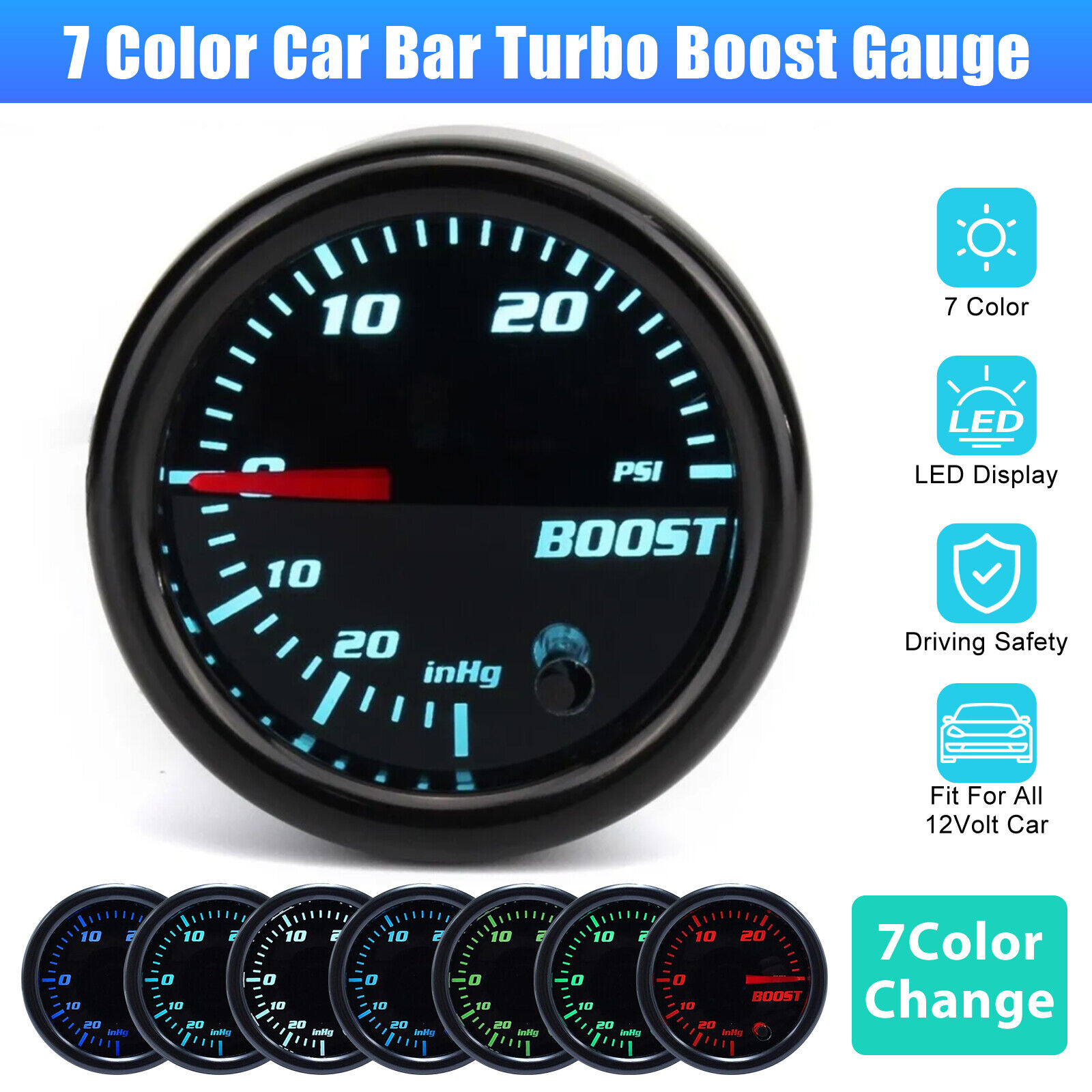 Jauge Turbo Boost Qiilu 52mm - Affichage LED 7 Couleurs - 0-30 PSI/IN.HG - Universel 12V - Pour Surveillance Suralimentation