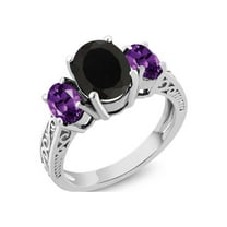 Gem Stone King 2.53 Cttw Black Onyx and Purple Amethyst 3-Stone Ring for Women | 925 Sterling Silver | Gemstone Birthstone | Available in Size 5, 6, 7, 8, 9